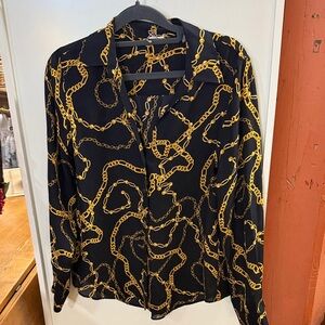 Elie Tahari Silk Black and Gold Chain Pattern Blouse